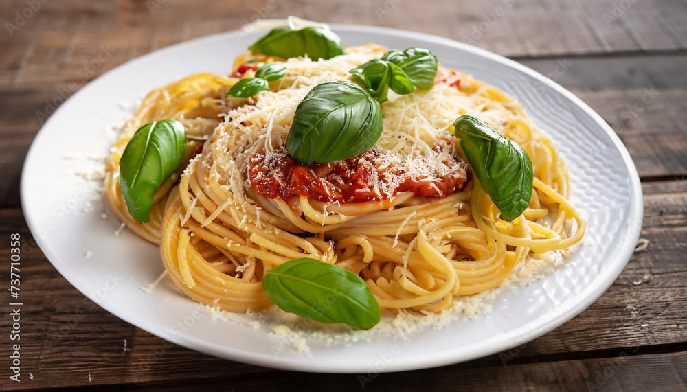 Heaped plate of delicious Italian spaghetti pasta with fresh basil leaves and grated parmesan cheese viewed low angle from the side on a rustic wood table