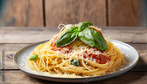 Heaped plate of delicious Italian spaghetti pasta with fresh basil leaves and grated parmesan cheese viewed low angle from the side on a rustic wood table photo
