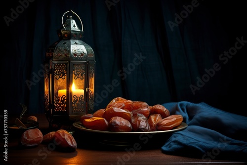 a plate of dates and a traditional Islamic lantern, dark background , copy space - generative ai