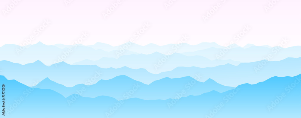 Mountain range silhouettes on sunset or sunrise. Pink morning panoramic landscape view. Mountain ridges and hills background. Blue mount peaks with mist and fog. Vector scenery terrain illustration 
