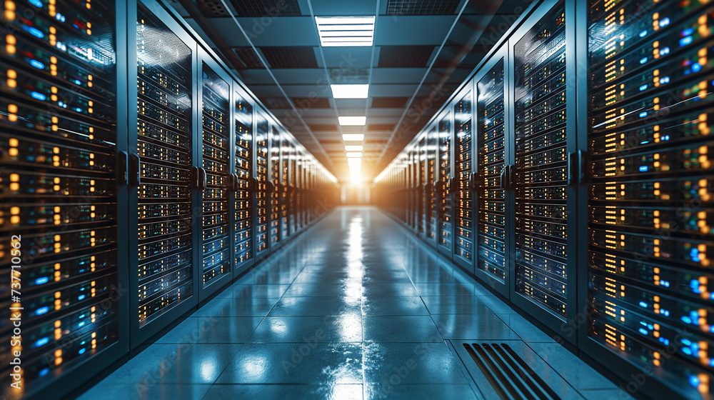 Rows of server hardware cabinets in a data center illuminated by blue LED lights. Rows of server hardware cabinets in a data center illuminated by blue LED lights.