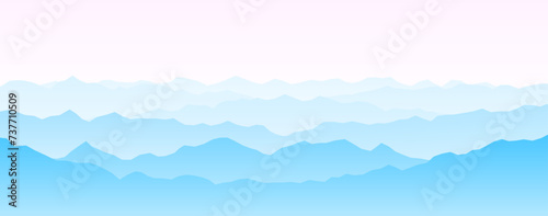 Mountain range silhouettes on sunset or sunrise. Pink morning panoramic landscape view. Mountain ridges and hills background. Blue mount peaks with mist and fog. Vector scenery terrain illustration 