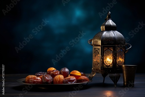 a plate of dates and a traditional Islamic lantern, dark background , copy space - generative ai