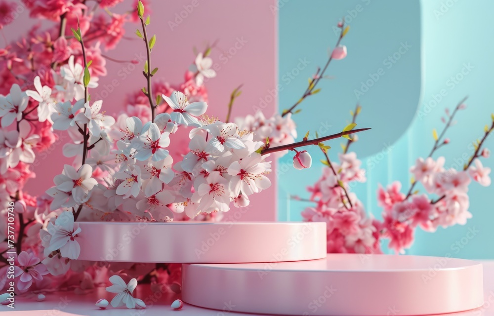 Natural beauty podium backdrop with spring sakura cherry blossom landscape scene. colorful flowers for product display advertising Natural beauty podium backdrop with spring sakura cherry blossom landscape scene. colorful flowers for product display advertising