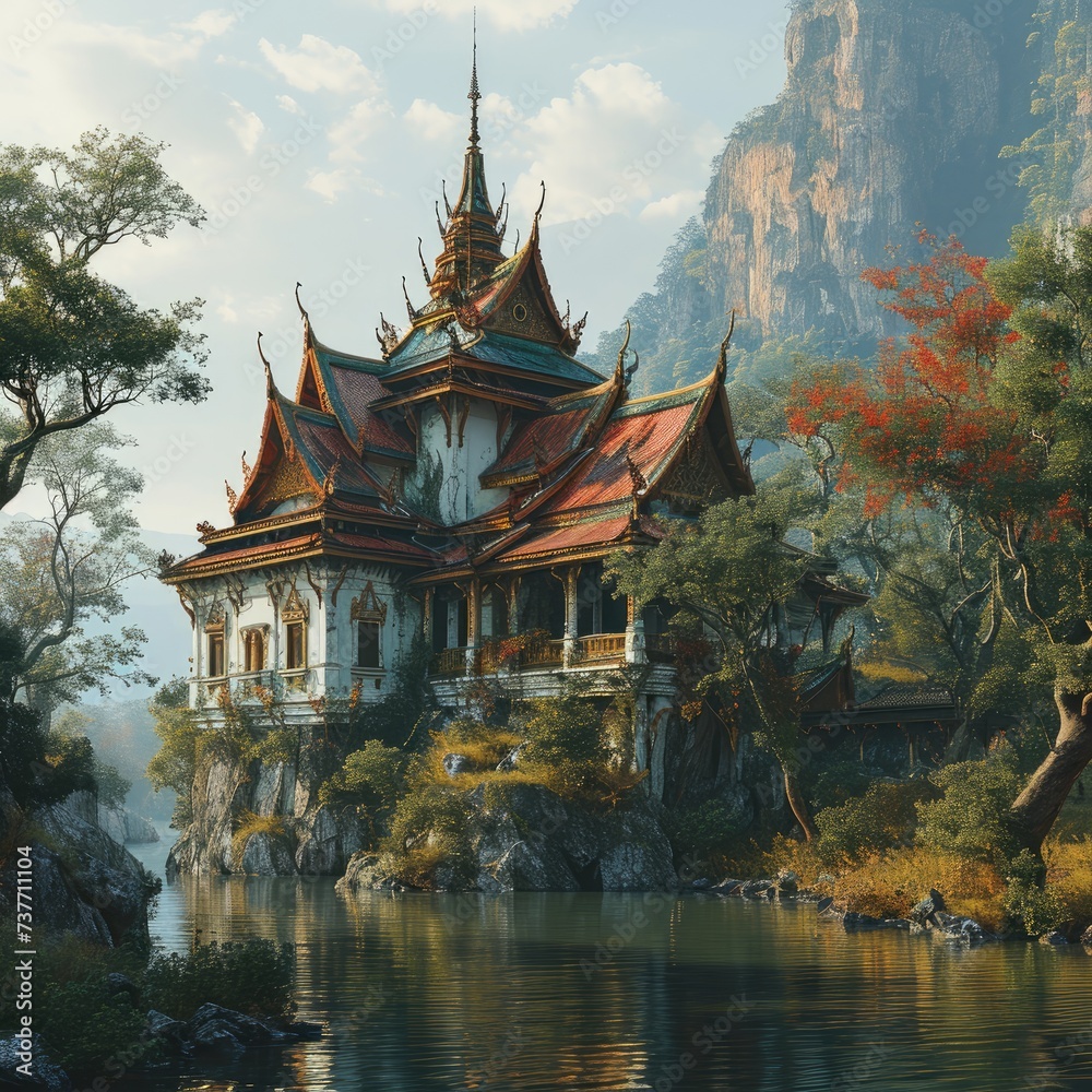 3D beautiful important buildings and landmarks of Thailand, floating art fantasy.