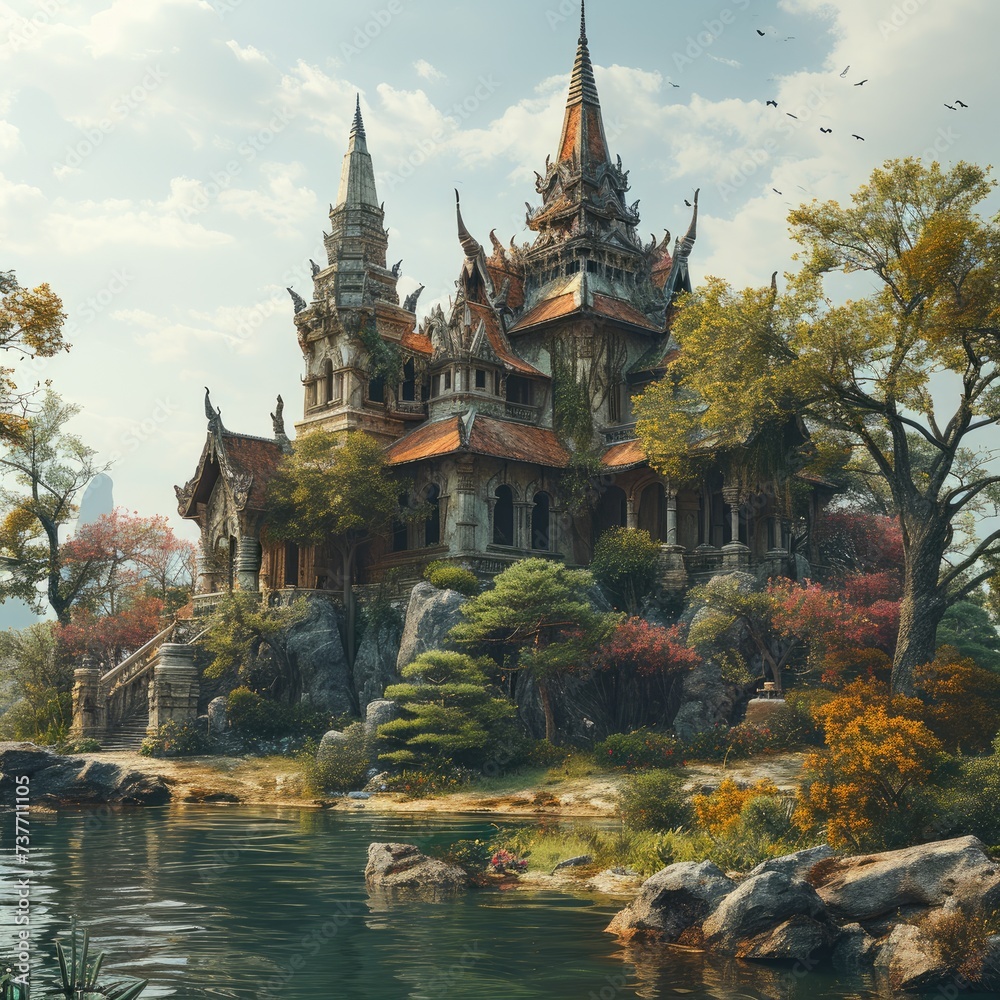 3D beautiful important buildings and landmarks of Thailand, floating art fantasy.