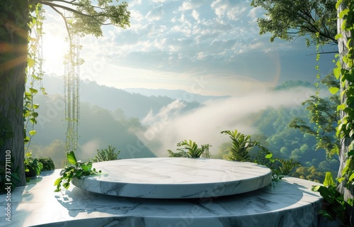 stone podium on rock platform 3d illustration, gray rock pedestal for product display, green forest and blur horizon on the background, natural scenery landscape, © peacehunter