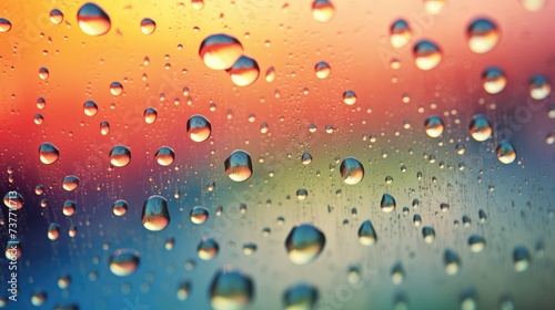 Close-up of raindrops on transparent glass.Blurred background of the silhouette landscape, rainbow gradient. The texture of wet glass. Abstract background.