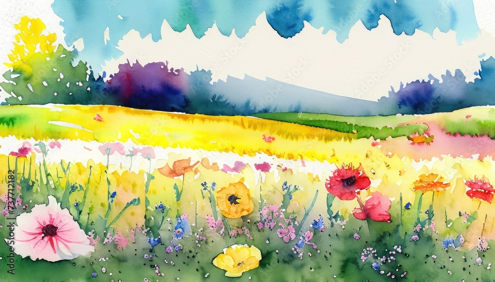A watercolor illustration of a spring field where various flowers are in full bloom