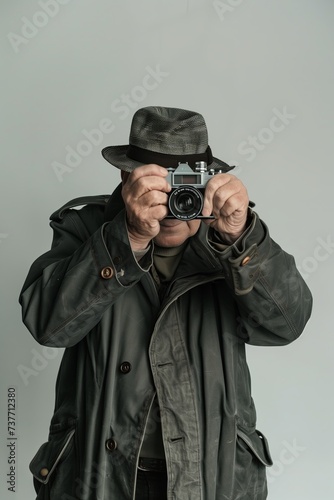 Old man photographer with old film camera, white background, professional photography.