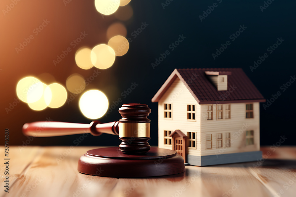 Gavel and house on wooden table against blurred lights background. Auction concept Gavel and house on wooden table against blurred lights background. Auction concept