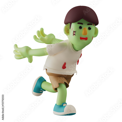   3D illustration. Cartoon Zombie 3D starts jumping. with a strange pose both hands back. showing a scary expression. 3D Cartoon Character