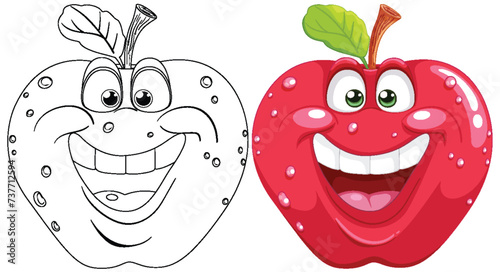 Black and white and colored smiling apple illustrations