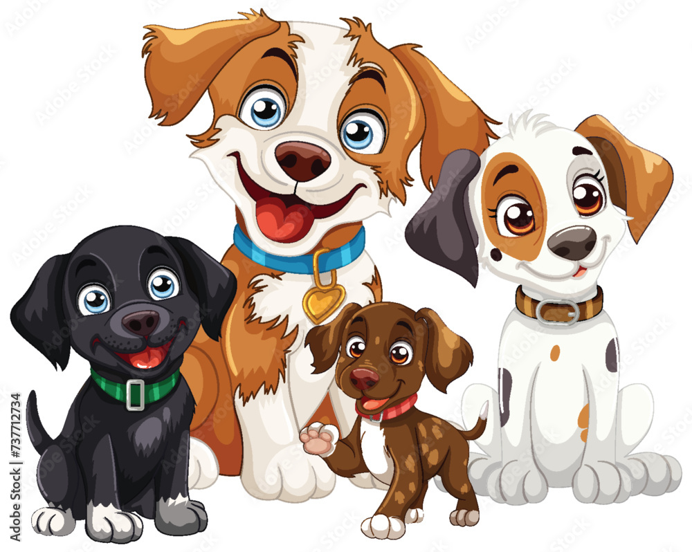 Four cute cartoon dogs posing together happily.