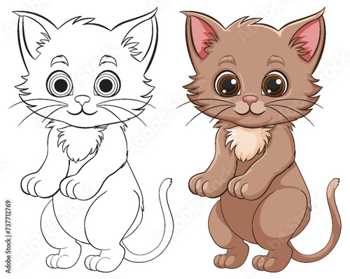 Two adorable kittens, one colored and one outlined.