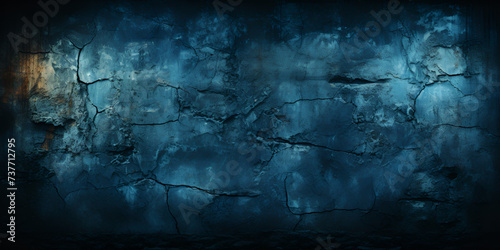Blue wall scary texture for background dark blue cracked cement Vintage grunge blue concrete texture studio wall background with vignette.