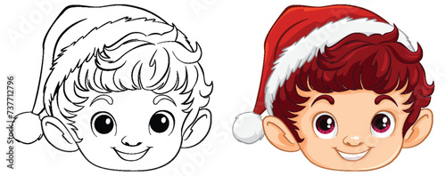 Colorful and line art versions of a festive elf.
