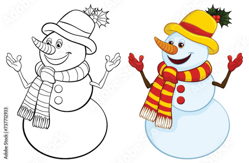 Two smiling snowmen dressed in colorful winter clothes.