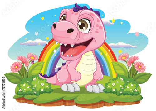 Happy pink dinosaur with a colorful rainbow backdrop