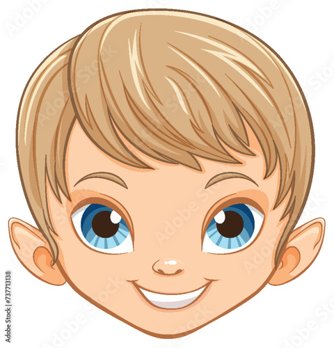 Cartoon elf child with big blue eyes smiling.