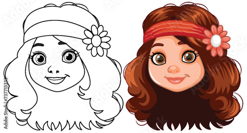 "Vector illustration of a girl with a hippie headband."
