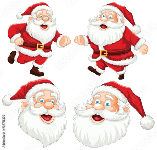 Four cheerful Santa Claus illustrations in various poses.