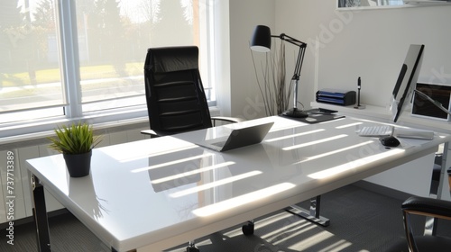 Sleek and Minimalist Office Space with White Table and Black Chair AI Generated.