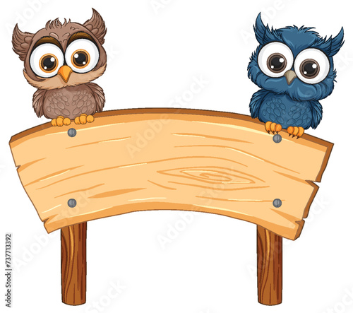 Two cartoon owls perched on a blank sign.