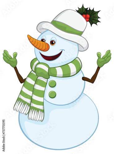 Smiling snowman with hat and scarf, festive mood.