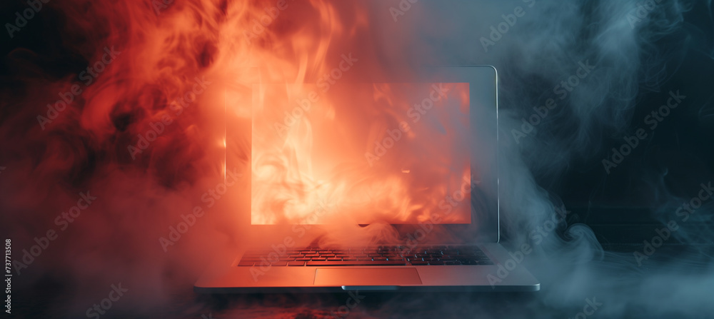 Fiery laptop engulfed in smoke on dark background, realistic scene