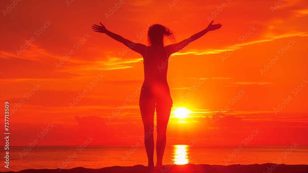 Silhouette of a person with outstretched arms facing the sunrise on the beach.