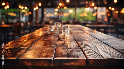 The empty wooden table with blur background