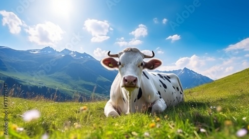 Idyllic scene of serene cows grazing happily on expansive and lush green mountain meadows
