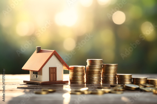 House model and coin stacks on wooden table with bokeh background. Real estate and property investment concept.