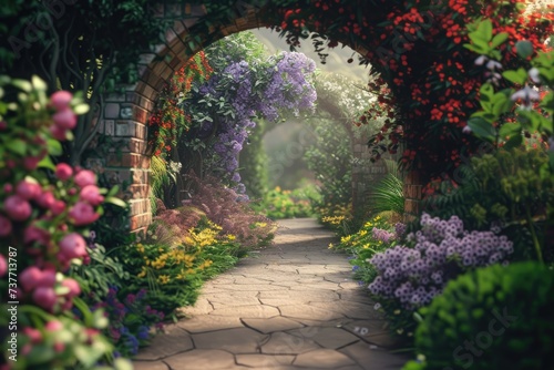 Footpath under a beautiful arch of flowers and plants.