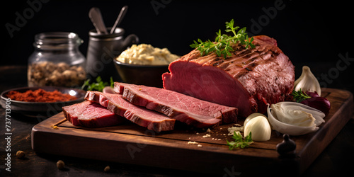 Raw T-bone steak on a cutting board with herbs and spices. Beef pastrami slices on cutting board.