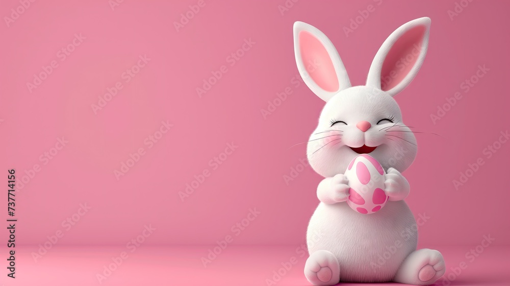 Cute White Easter Bunny holding an easter egg with copy space on a pastel pink background. Cute White Easter Bunny holding an easter egg with copy space on a pastel pink background.