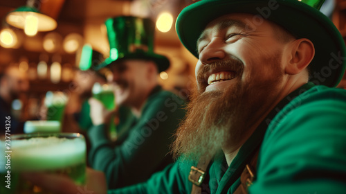 Happy adult men celebrating saint patricks day at an irish beer pub