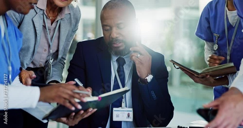 Busy, phone call and man with medical paperwork for signature, health communication and help from doctor. Chaos, nurse and healthcare consultant with anxiety and stress from overwork at a clinic