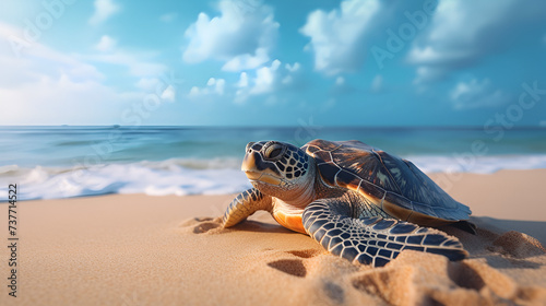 focused shot of a turtle on a beach, wildlife photography. Generative AI