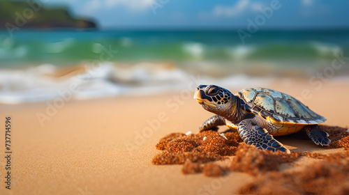 Little sea turtle on the sandy beach © Saim