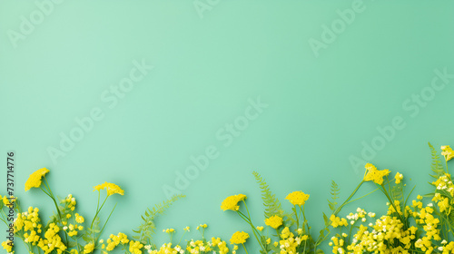 Green grass and yellow flowers on light green background minimal top view flat lay with top copy space © Saim