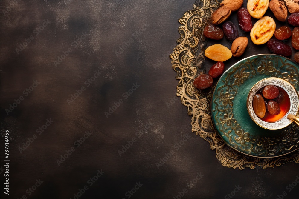cup of tea with dried fruits on the table. Ramadan kareem decorations background. Top view, flat lay moslem islam iftar braking fast concept - generative ai