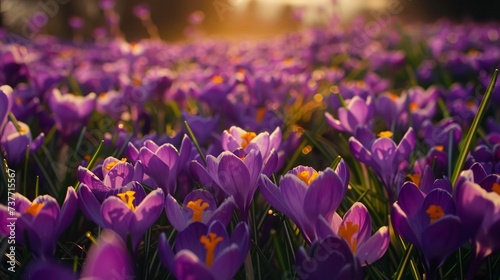 Purple crocuses blooming in the garden at sunset.