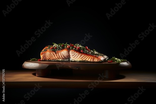 Delicious grilled salmon steak served on a rustic wooden plate