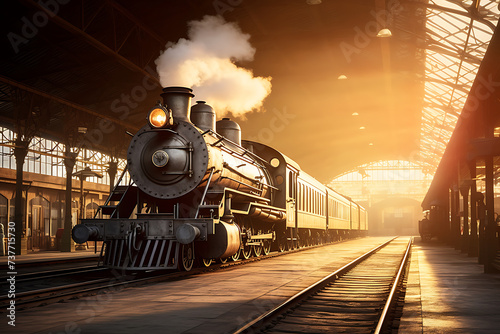 Steam locomotive on the platform of the railway station at sunset.