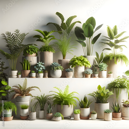 a collection of potted plants arranged neatly against a white background, the beauty and variety of houseplants