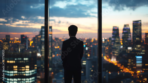 a businessman looking out of a window with a view of a city skyline bustling with activity