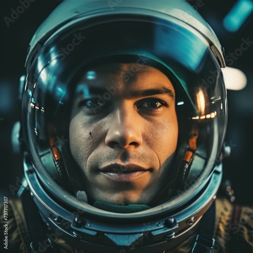 Close-up portrait of a professional astronaut wearing a modern spacesuit in outer space © Russell Zanaggy