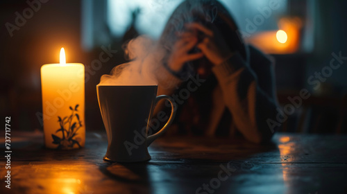 Herbal tea and candlelight comfort for a person with a headache and fever